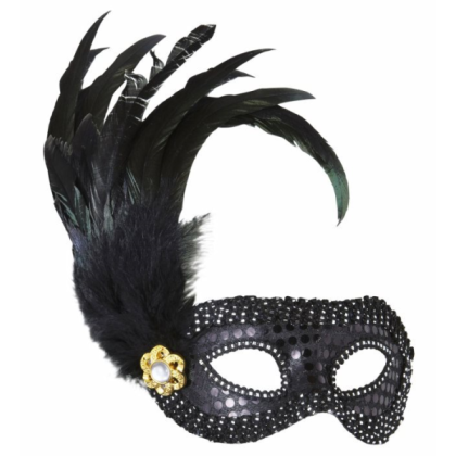 Schwarze Maske mit Pailletten, Brosche und Federn