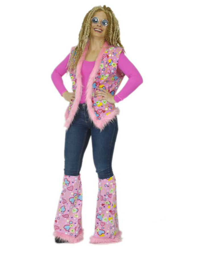 hippie weste für damen mit herzchenmuster und plüsch in rosa