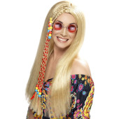 Frau mit Perücke Langhaar glatt Mittelscheitel mit Zöpfchen für 70er Kostüme und Hippies