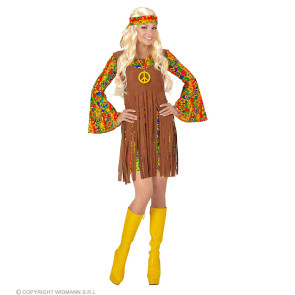 Hippie Girl mit Kleid mit Weste, Stirnband, Kette mit Peace-zeichen