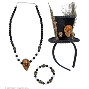 Voodoo Priesterin mit Minizylinder, Perlenkette mit Totenkopf, Totenkopfarmband mit Perlen