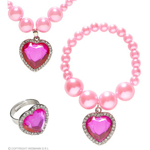 Set Rosafarbener Perlenkette,Ohrringe Und Ring Perlen Und Herzjuwel