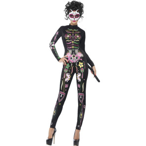 Ausgefallener Catsuit-Kostüm mit bunten Skelett Body Print Motiv