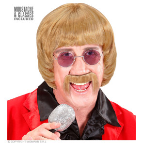 Blonde Perücke 60er Jahre Musiker mit Schnurrbart und Brille in Box